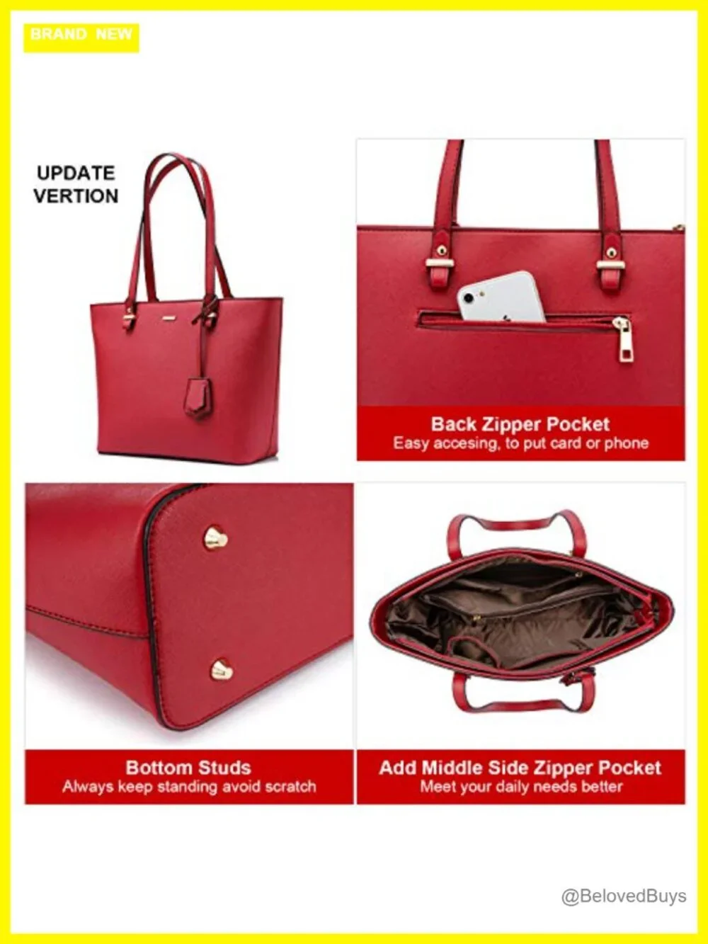 Faux Leather Tote Bag Satchel Handbag with External Pocket Top Handle Shoulder